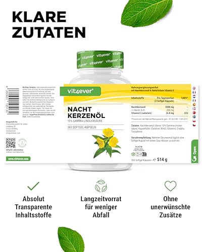 Nachtkerzenöl - 365 Kapseln - Hochdosiert mit 2000 mg je Tagesdosis - Premium: 10% Gamma-Linolensäure GLA, mit natürlichem Vitamin E & kaltgepresst - Laborgeprüft