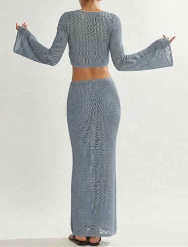 Image of Cakulo Women's Crochet Cover Up 2 Piece Beach Skirt Sets | Hollow Out, Tie Front Crop Tops, Bell Sleeve, Sarong Wraps, Swimsuit Bathing Suit Coverup, Resort Wear Beach Vacation Outfits