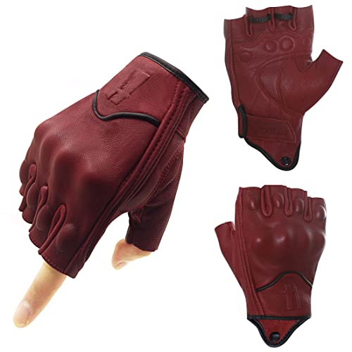 Harssidanzar Mens Gloves Half Finger Goatskin Leather Motorcycle Gloves GM037UK, Oxblood, Size M