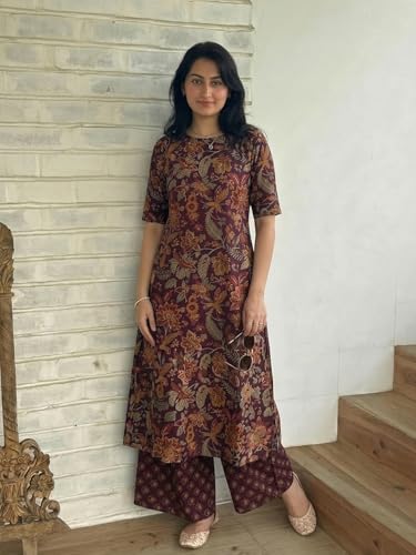 Image of ANNI Designer Women's Viscose Blend Straight Printed Kurta with Palazzo | Elbow Length Sleeve Kurti Set | Close Neck with Back Slit | Soft Comfortable Fabric | 2 Piece Outfit