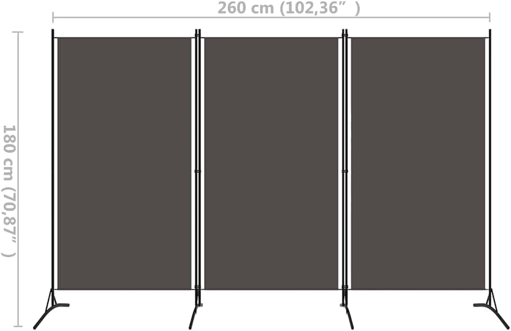 Technical diagram illustrating the dimensions of the vidaXL 3-panel room divider, showing a width of 260 cm and a height of 180 cm.
