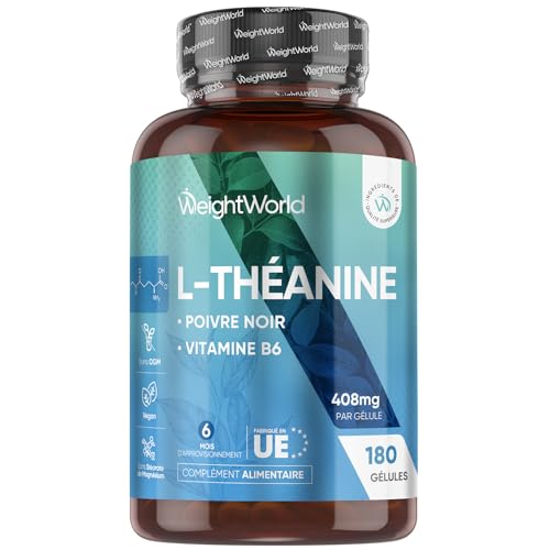 WeightWorld - L Theanine 180 Gélules Vegan (6 Mois) avec Poivre Noir, Vitamine B6 Camellia Sinensis, Acide Aminé de Thé Vert L Théanine 408mg - sans OGM, sans Gluten, sans Stéarate de Magnesium - -11%