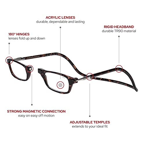 Clic Magnetic Reading Glasses, Computer Readers, Replaceable Lens, Adjustable Temples, Original, (Tortoise, 3.00 Magnification) #TOP2