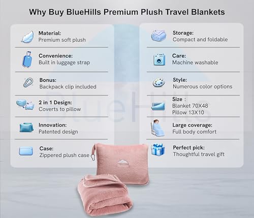 Image of BlueHills Premium Soft Long Travel Blanket Pillow for Tall Airplane Flight Blanket 70 X48 inch Throw in Soft Bag case with Backpack Clip Compact Large Plane 2 in 1 Combo Pink T055