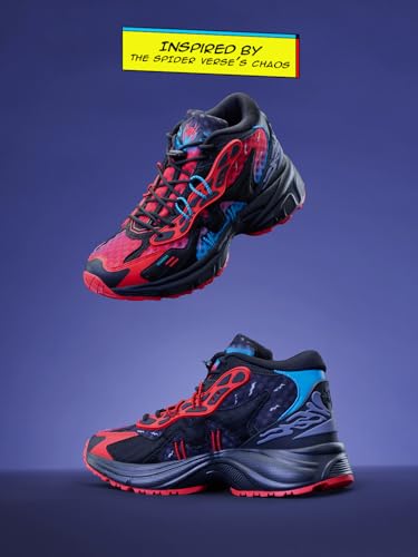 Image of The Souled Store Spider Verse: Men and Boys Lace Up Sneakers Black and Red and Blue Streetwear Trainer Engineered Breathable Mesh Cushioned Sole Durable Outsole Lightweight and Breathable