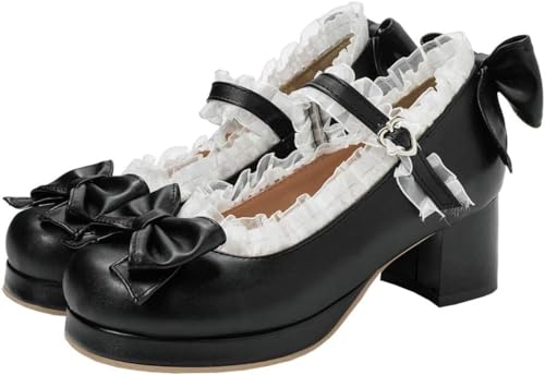 Women Kawaii Mid Block Heel Mary Jane Rockabilly Pumps with Bow Platform Chunky Heel Cute Sweet Shoes