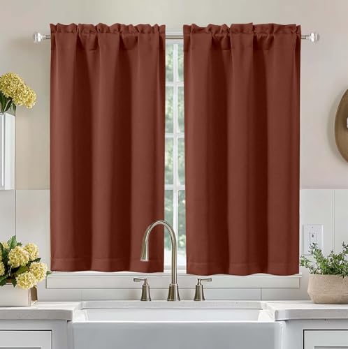 Image of Aiyufeng Terracotta Short Blackout Curtains for Bedroom 45 Inches Long 2 Panels Set, Solid Thermal Insulated, Energy Saving Window Treatment Curtains Blackout Drapes, W40 x L45 Inch, Terracotta