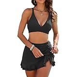 SNUOEN Damen Bikini Badeanzug Set Sexy V Ausschnitt Bademode Hohe Taille Zweiteiliger Kordelzug Badeanzüge Bikinis für Frauen