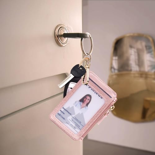 Image of Keychain wallet with ID Window，Credit Card Holder Leather, Zipper Card Case for Women, Pink, 4.3*2.8*0.5 in,