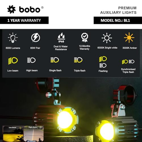 Image of BOBO BL1 Premium Auxiliary LED Lights, IP68 Waterproof, 6000 Lumens, Dual Colour White /Amber, Multiple Flash Modes
