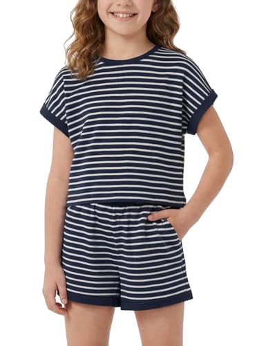 Image of Girls Summer Outfits Striped T-Shirt & Shorts Set for 5-14Y | Kids 2 Piece Clothing, Breathable Textured Tops and Bottoms with Pockets, Great for Casual Wear, School, Sports or Vacation