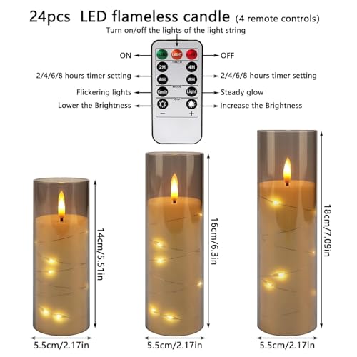 Image of 24-Pack Gray Flameless Candles with Remote Control, Battery-Powered LED Candles with Embedded Star String Lights & Realistic Flickering Flame. with Timer for Christmas, Home, Wedding, Fireplace Mantle