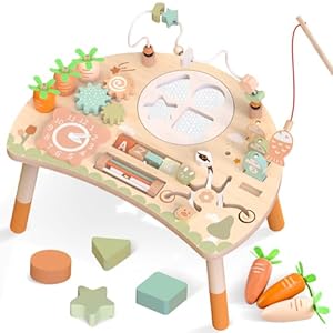 Activity Table for Baby 1+ Year Old, 9-in-1 Wooden Montessori Toy Busy Board for Kids with Shape Sorter Bead Maze, Fishing Game. Toddler Sensory Learning Table Age 12+ Months, 1st Birthday Gifts