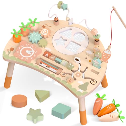 Hewaurorion Wooden Activity Table for Toddlers 1-3, 9 in 1 Montessori Sensory Table with Bead Maze Shape Sorter Fishing Game, Baby Activity Center Learning Toys for 1 2 3 Year Old Boys Girls by Hewaurorion - Used condition - US$35.59