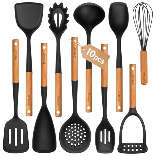 Comparison: Best Non Stick Ladle Set 10 Large Silicone Cooking Utensils Set, 10Pcs Nonstick Kitchen Utensil Set with Wooden Handle, Heat Resistant Silicone Utensils for Cooking, BPA Free Spatula Set with Turners Spoon Ladle Skimmer(Black)