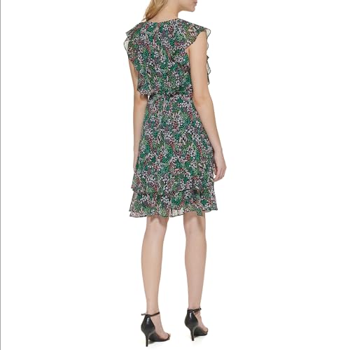 Image of Tommy Hilfiger Women's Sleeveless V-Neck Ruffle Trim Tie Waist Chiffon Mini Dress