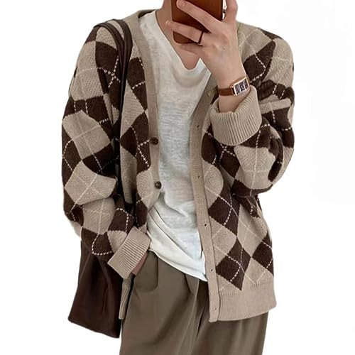 Women's Argyle Graphic Button Grandpa Sweater Vintage Y2k Aesthetic Fairy Grunge Clothes Plaid Preppy Cardigan