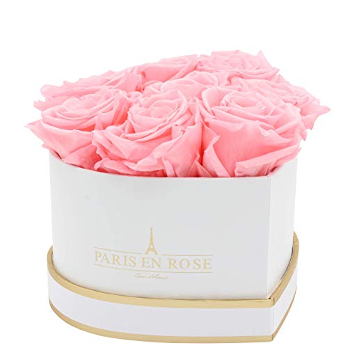 PARIS EN ROSE Rosenbox HERZ | mit 8 rosa Infinity Rosen Größe XL | herzförmige Box in Weiß mit Gold | ewige Rose | 3 Jahre haltbar | Grußkarte