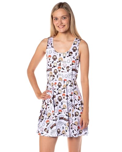 Harry Potter Women's Allover Chibi Character Print Adult Casual A-line Skater Dress for Spring and Summer (Medium) Multicolored