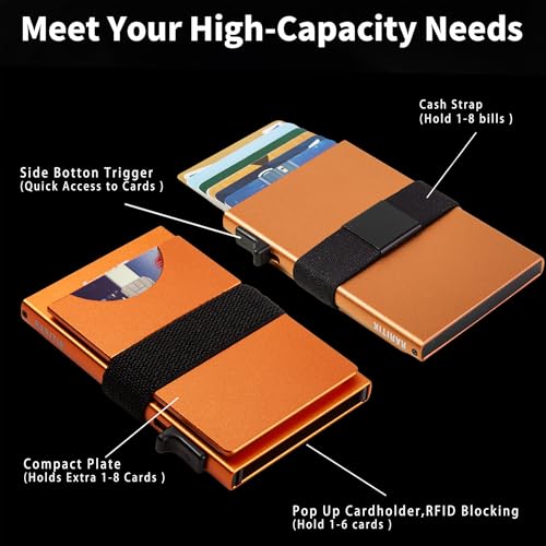 Image of Card Holder Wallets for Men | Slim Aluminum Wallet | RFID Blocking Minimalist Metal Pop Up Wallet | Money Clip & Cash Band | Expandable Compact Plate | Men's Accessories & Gifts for Men,Orange