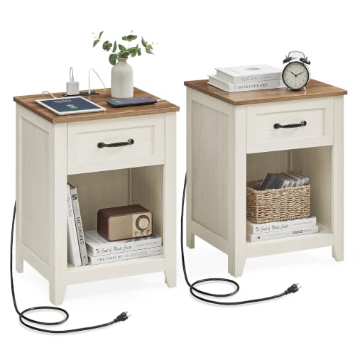 VASAGLE LIRY Collection - Farmhouse Nightstands with Charging Station Set of 2 Bedside Tables Side Tables with Drawer Open Compartment for Bedroom Rustic White and Honey Brown ULET859K41