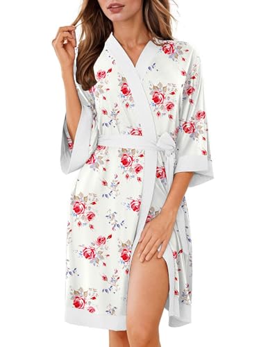 Ekouaer Robes for Women Knee Length Bathrobe Lightweight Kimono Robe 3/4 Sleeve Sleepwear with Pockets Floral Print S