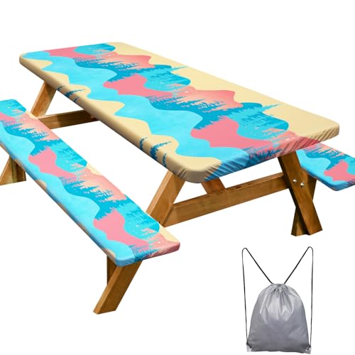 Image of Picnic Table Cover with Bench Covers 6FT 3 Pcs Waterproof Windproof Aesthetic Camping Tablecloth with Drawstring Bag, Fitted for 6 Foot Rectangle Tables and Seats, 72 inch, Blue Orange
