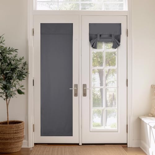 PONY DANCE French Door Curtain W26 x L69 inch - Blackout Door Curtains for Patio/Front Door/Sidelights, Sticker Room Darkening Privacy Protect Panel No Drilling Portable Tie Up Shades, Grey, 1 PC