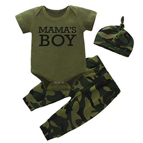 Newborn Baby Boy Clothes Camouflage Romper Outfit Set Mama s Boy Girl Short Sleeves Jumpsuit+Pants+Hat 3Pcs Set(0-3 Months)