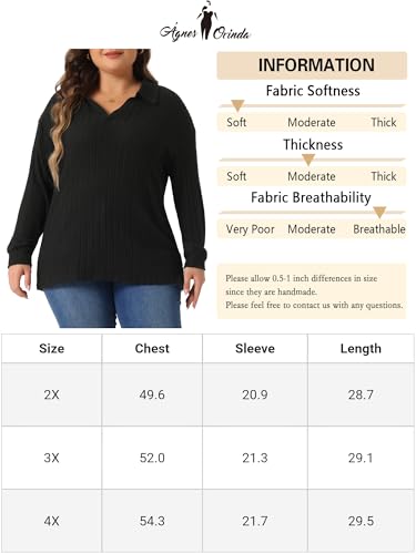 Image of Agnes Orinda Women's Plus Size Loose Polo V Neck Long Sleeve T Shirts Tops Collared Ribbed Brushed Top Sweater Casual