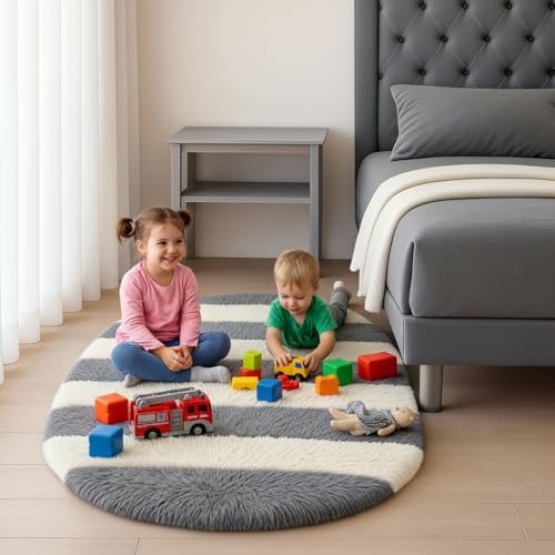 Image of Fluffy Silky Micro Fiber Polyster Carpet /Runner for Bedroom, Study Room, Playing Room, Guest Room ETC. 3x5 feet Feet, (Grey and Ivory new line)