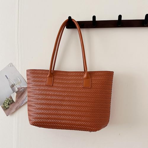 Women Casual Woven Tote Handbag with Pendant PU Leather Shoulder Bag (Brown)3