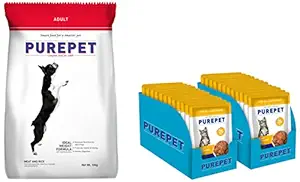 Purepet Meat and Rice Dry Dog Adult, 10kg & Purepet Wet Cat Food, Real Tuna and Chicken Liver in Gravy, 24 Pouches (24 x 70g)