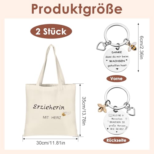 Erzieherin Geschenk Stofftasche mit Schlüsselanhänger, Abschiedsgeschenk Erzieherin Erzieher Geschenke mit Herz Lehrerin, Dankeschön Geschenke mit Herz Weihnachtsgeschenke Danke Geschenk für Frauen