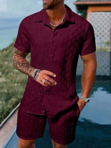 Image of GRECIILOOKS Men'S Summer Casual Two Piece Outfit, Textured Button Down Shirt and Shorts Set, Lightweight Poly Blend Co-Ord for Beach, Travel & Lounge Wear