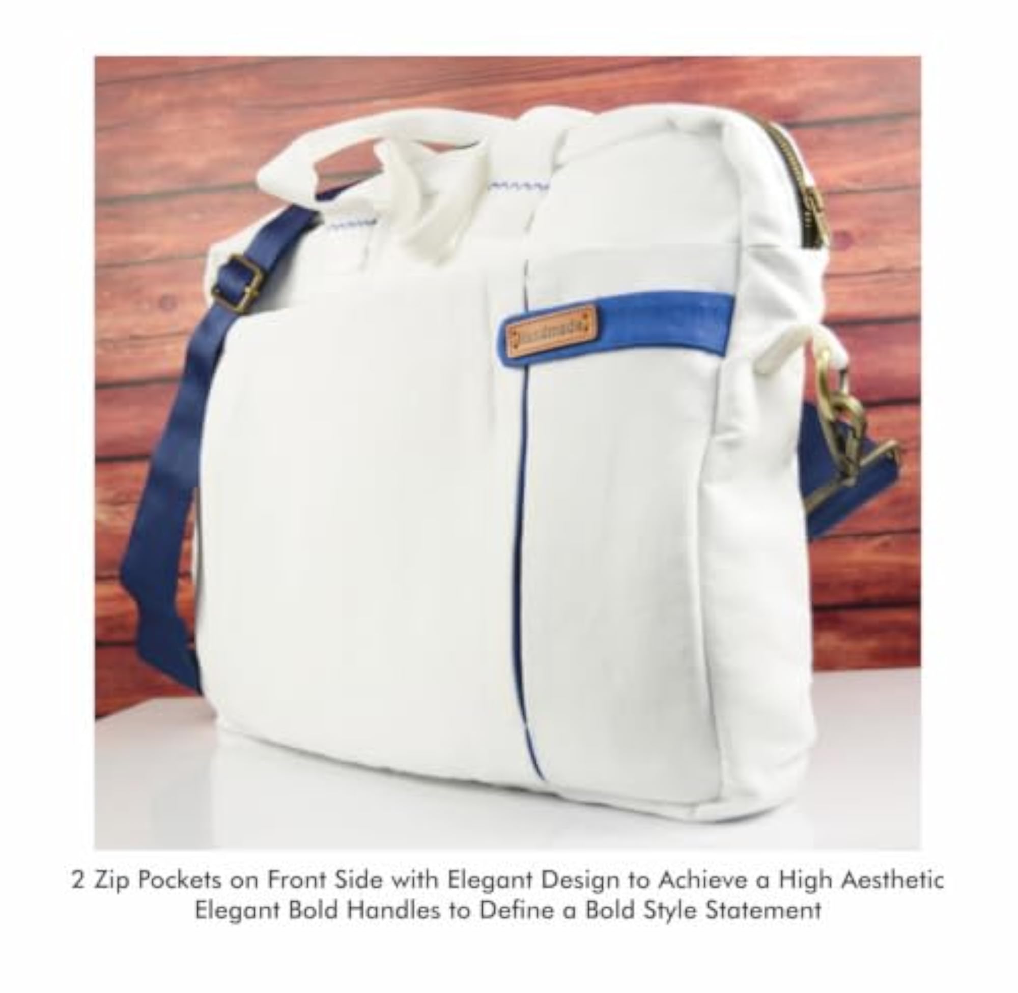 Meraj's Creatives White Canvas Bag, Large with Blue Patch