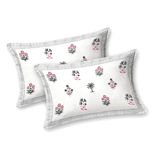 Image of DE CAMA Since 1997 | 100% Cotton 300 TC Premium King Size Bedsheet for Double Bed (90 x 108 Inch) with 2 Pillow Covers Set (17 x 27 Inch) Designer Printed Bedsheet Set - Blossom, White