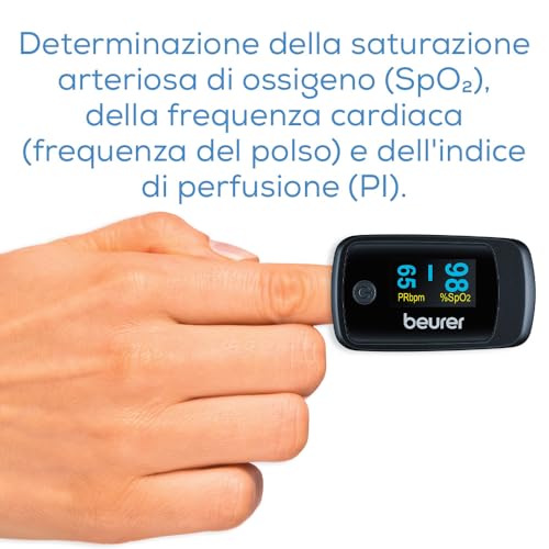 Beurer PO 45 Saturimetro da dito Professionale Certificato, Monitoraggio della Saturazione di Ossigeno, Frequenza Cardiaca, Indice di Perfusione, Pulsossimetro con Spegnimento Automatico - Immagine 1