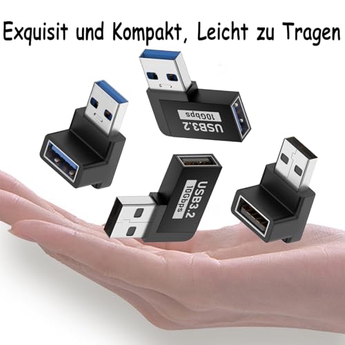 Leloco 4 Stück USB Winkelstecker 90 Grad USB 3.2 Winkeladapter Stecker Auf Buchse Seitenwinkel und Rechtwinkliger, 10 Gbps 5V/3A Schnellladung und Datenübertragung