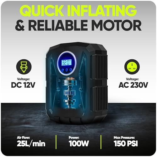 FORTEM Car Tyre Inflator 150 PSI, Air Compressor, 230V AC 12V DC Electric Air Pump for Car Tires, Digital Tire Pump w/Auto Pump/Shut Off, Carrying Case - Image 4