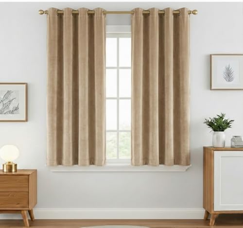 Image of Amazon Brand - Solimo Velvet Curtain Set of 2 (52x48 Inch) Plain Door & Window Curtains for Living Room & Bedroom |75% Light Blocking, Eyelet Curtains for Home Decor in Beige Color (4 feet x 4 feet)