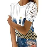 Tshirts Damen, Elegant Spitzenärmel Sommer Tshirt Spitzennähte Kurzarm Bluse Große Größen Rundhals T-Shirt Spitze Aushöhlen Tunika Tops Rundkragen Oberteile Top Große Größen Damen Z01E-Marine XL