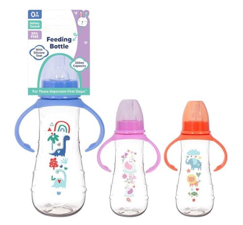 3 Pack Baby Milk and Water Gripper Bottles Easy Grip with Soft Silicone Medium Flow Teats 250ml 8.5oz, Fun and Cute Animal Designs (Multi Designs)