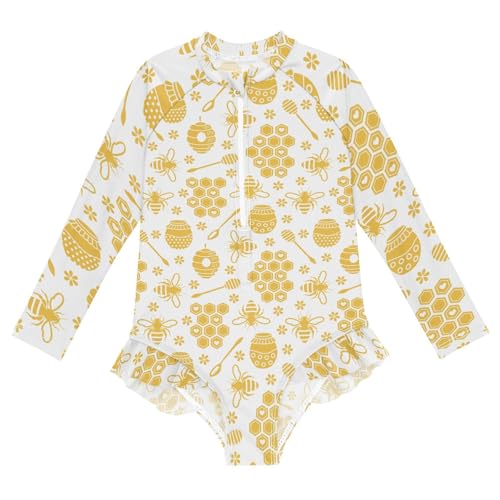 Girls One Piece Swimsuits Long Sleeve Swimsuit Zipper Bathing Suits Yellow Bee Honey