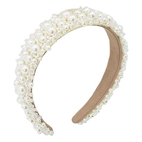 MHDGG Pearl Headbands for Women White Bling Faux Pearl Rhinestones Hairbands Bridal Hair Hoop Wedding Hair Accessories for Women Girls Cover