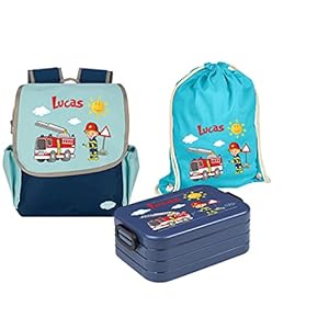Mein Zwergenland Set van 4 kleuterschoolrugzak met lunchbox en gymtas Happy Knirps Next met naam blauw, Brandweer, SET 4…