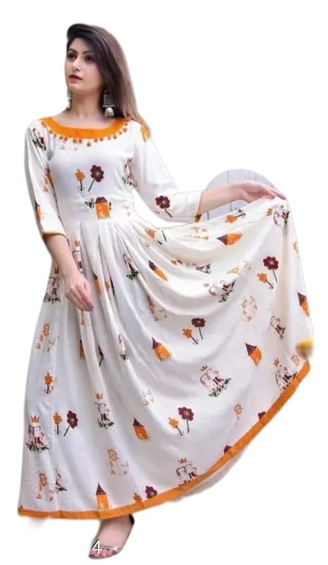 Raj Fashion Women's 3/4th Sleeves Round Neck Rayon Solid Calf Length Anarkali Ethnic Long Gown White-image-42