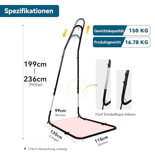Hängestuhlgestell, höhenverstellbar 200–235 cm, Tragkraft 150 kg, Robuster Ständer für Hängesessel, Solide Stahlkonstruktion, Hängesesselständer mit Pulverbeschichtung, für drinnen und draußen