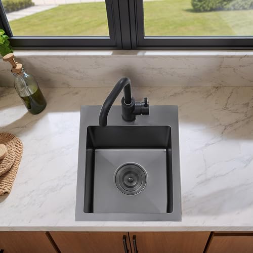 Image of 15 Inch Drop In Bar Sink, Gunmetal Black 15x17x9 Topmount Stainless Steel Single Bowl Wet Bar Prep RV Outdoor Small Kitchen Sinks 16 Guage with Drain