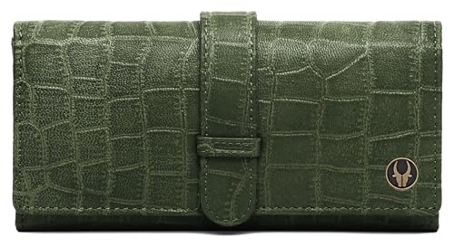 Image of WildHorn Women's Genuine Leather RFID Blocking Wallet | Tri-Fold High-Capacity Ladies Purse with Card Slots, Zipper Coin Pocket & Snap Closure | Ideal Gift for Women (Green Croc)